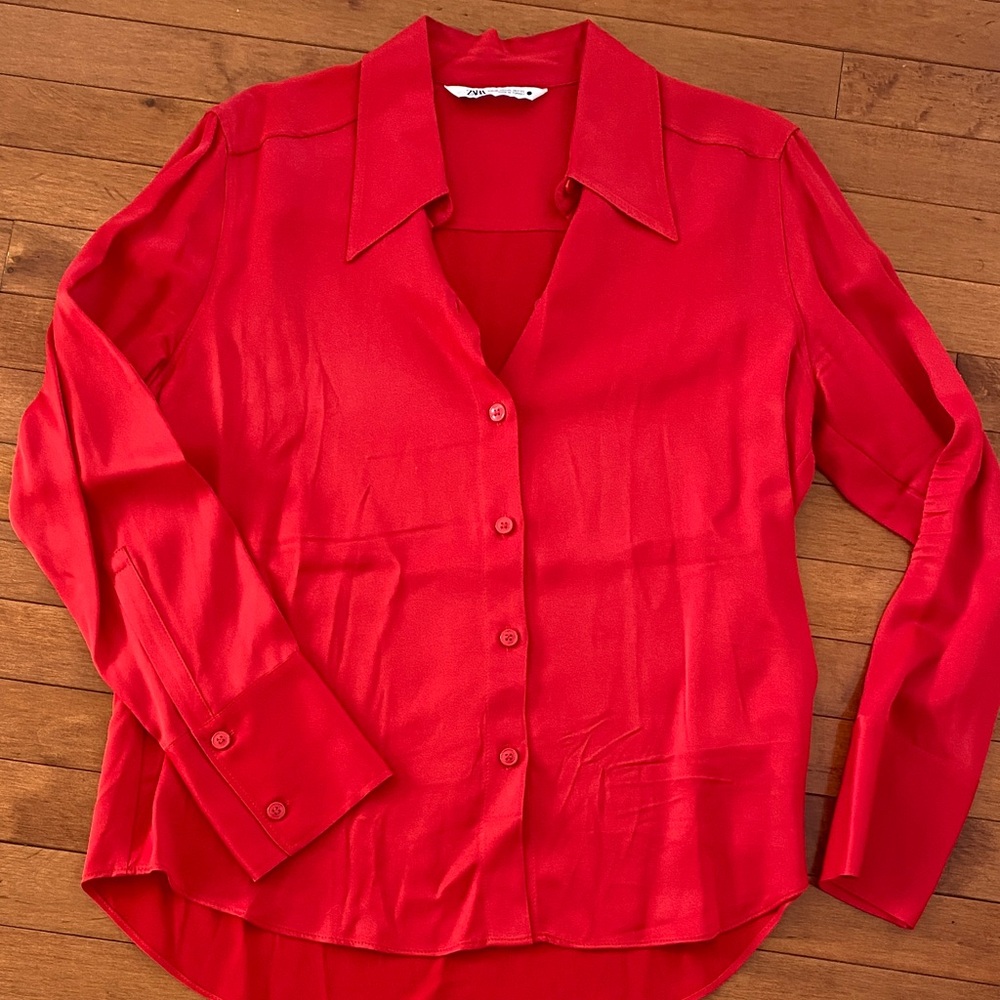Zara Bright Red Satin Button-Down Shirt